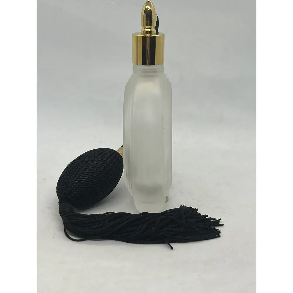 Vintage Heavy Solid Glass Flat Round Etched Cut Rose Perfume Bottle Atomizer